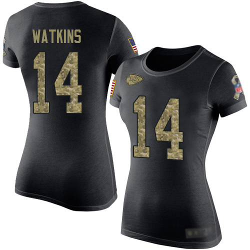 Women Football Kansas City Chiefs #14 Watkins Sammy Black Camo Salute to Service T-Shirt